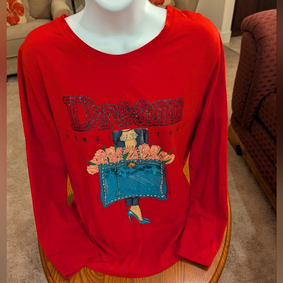 Rhinestone, sequin & beaded red T-shirt by Vinizbena - size L - Picture 1 of 10